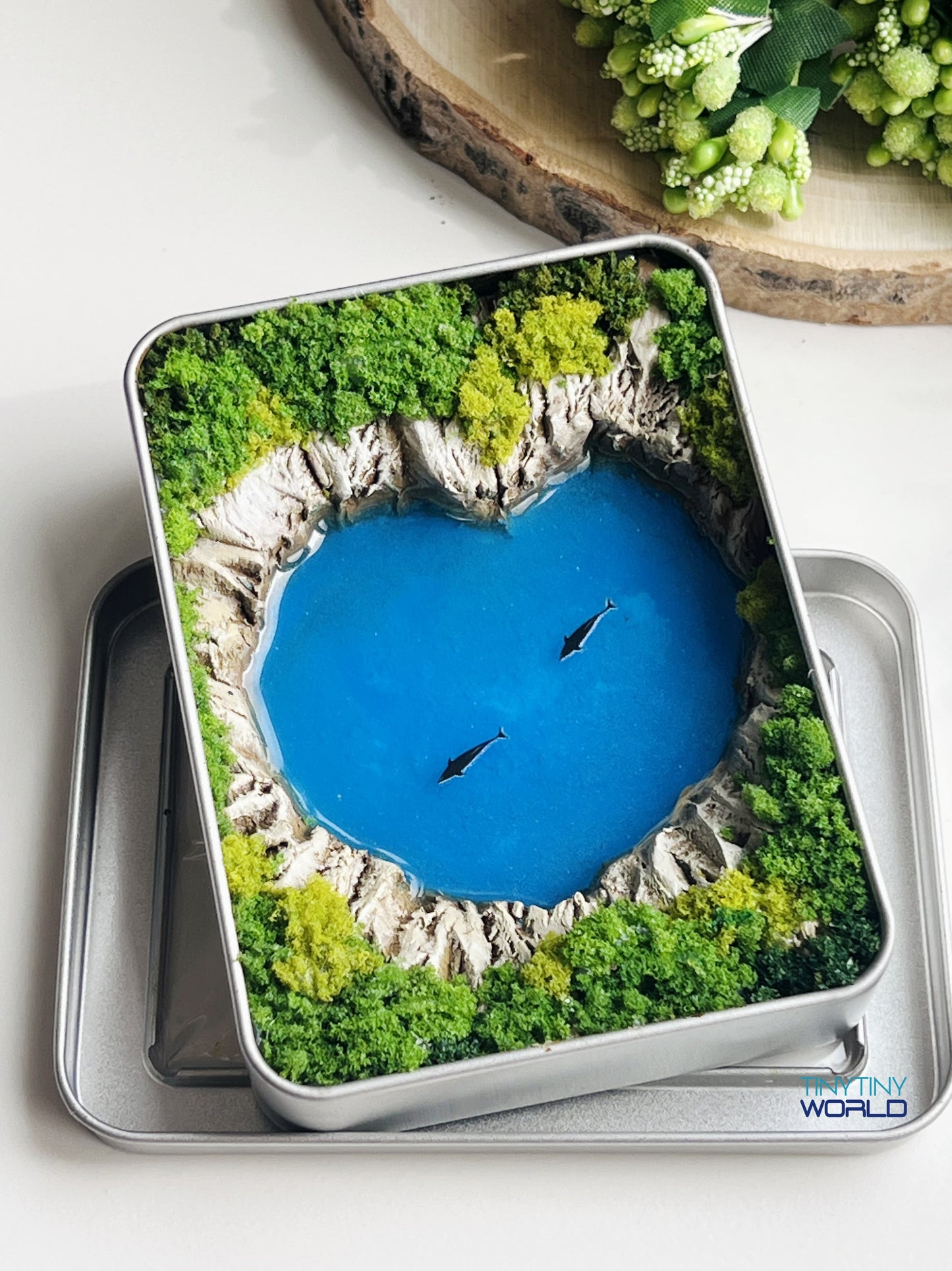 Heart Ocean with Dolphins Miniature Resin Art Hand-made Display Memorial Gift