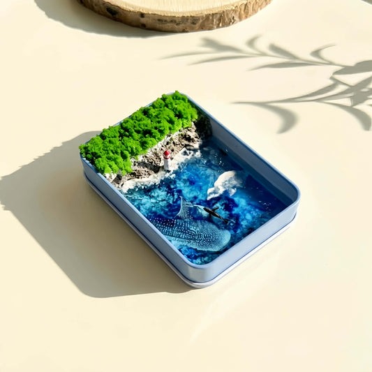 Handmade Whale & Coastline Diorama - Miniature Resin Ocean Art in a Tin