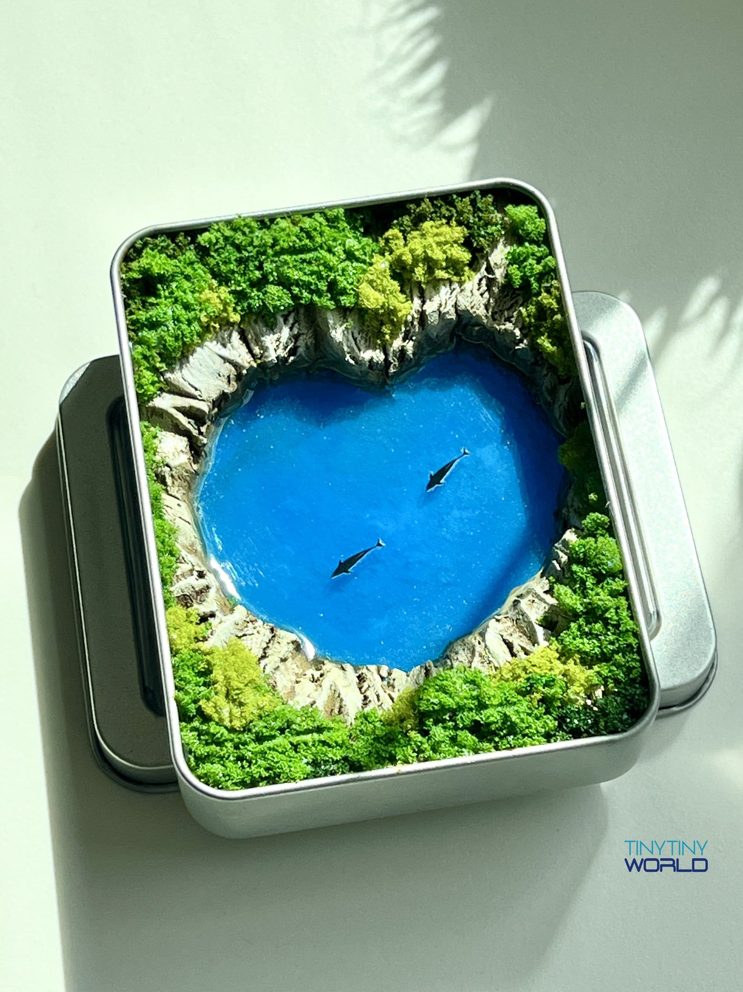 Heart Ocean with Dolphins Miniature Resin Art Hand-made Display Memorial Gift