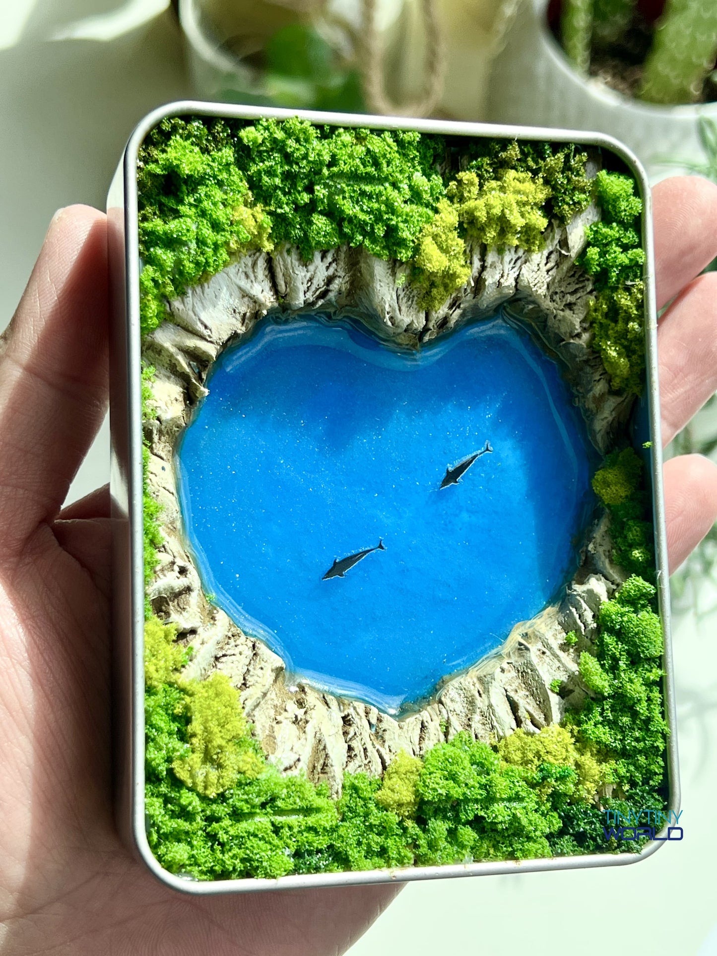 Heart Ocean with Dolphins Miniature Resin Art Hand-made Display Memorial Gift