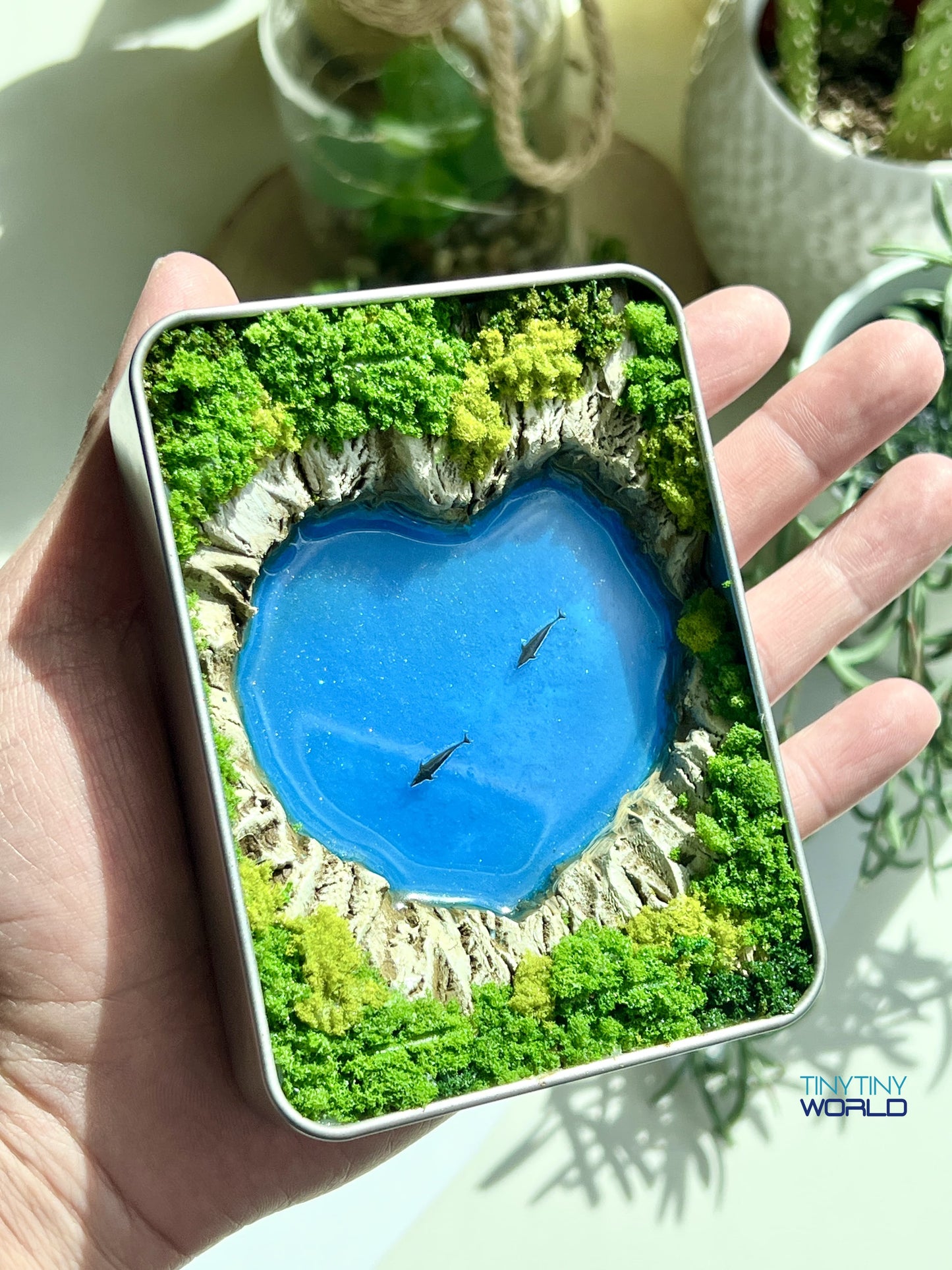 Heart Ocean with Dolphins Miniature Resin Art Hand-made Display Memorial Gift