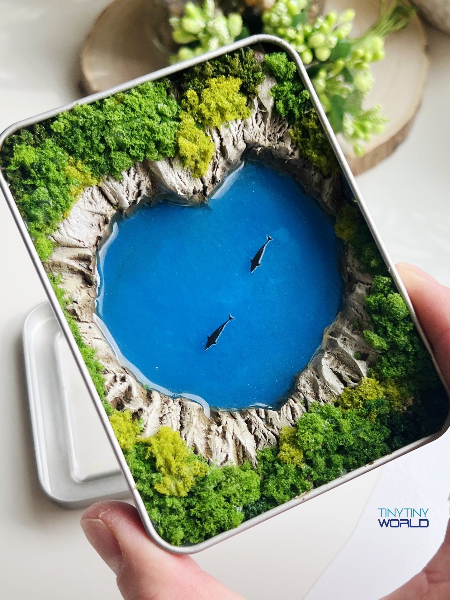 Heart Ocean with Dolphins Miniature Resin Art Hand-made Display Memorial Gift